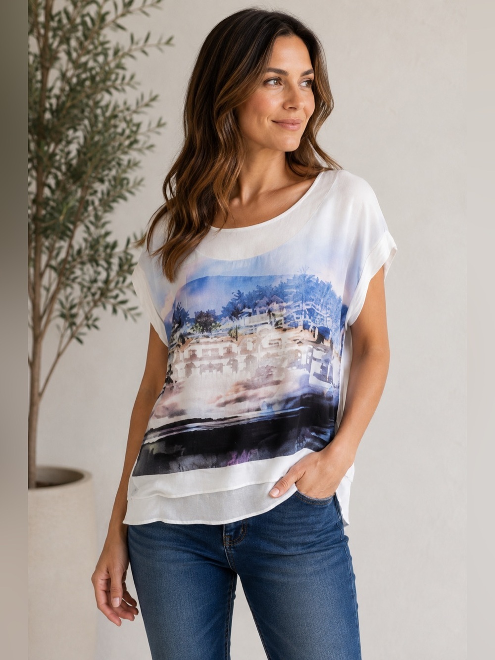 Joe Fresh Graphic Landscape Blouse in White and Blue Women’s L